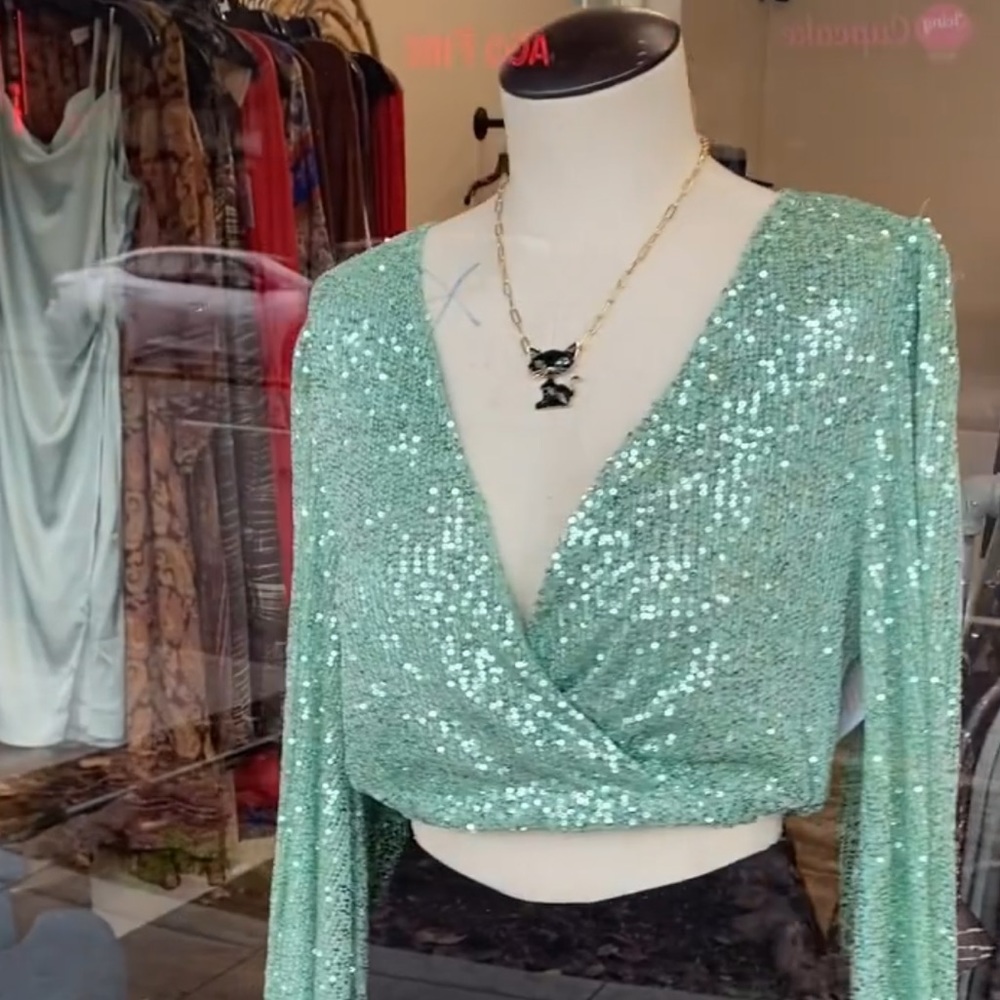 Sequin crop blouse.